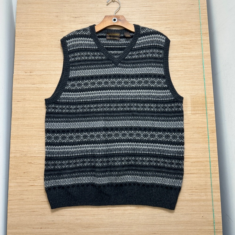 Paolo Mondo Mens Large 100% Cashmere Fair Isle V-Neck Sweater Vest Gray Black